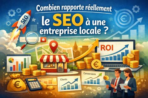 Illustration du retour sur investissement SEO pour une entreprise locale avec croissance du chiffre d'affaires et génération de leads