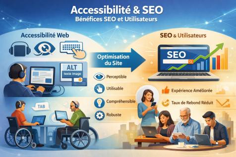 Illustration accessibilité web et SEO montrant optimisation d’un site pour utilisateurs et référencement naturel