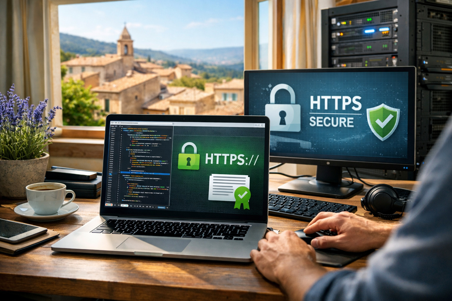 Poste de travail d&eacute;veloppeur en Provence avec &eacute;cran affichant la s&eacute;curisation HTTPS et certificat SSL d&rsquo;un site internet