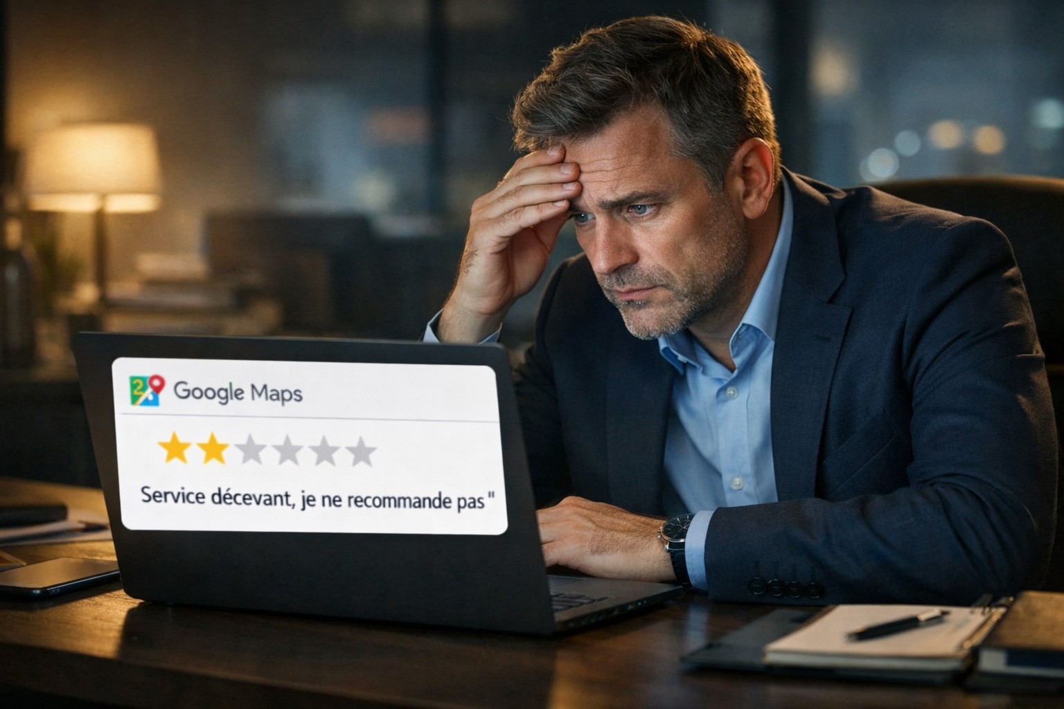 Chef d&rsquo;entreprise inquiet lisant un avis n&eacute;gatif sur Google Maps