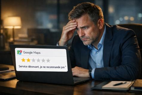 Chef d’entreprise inquiet lisant un avis négatif sur Google Maps
