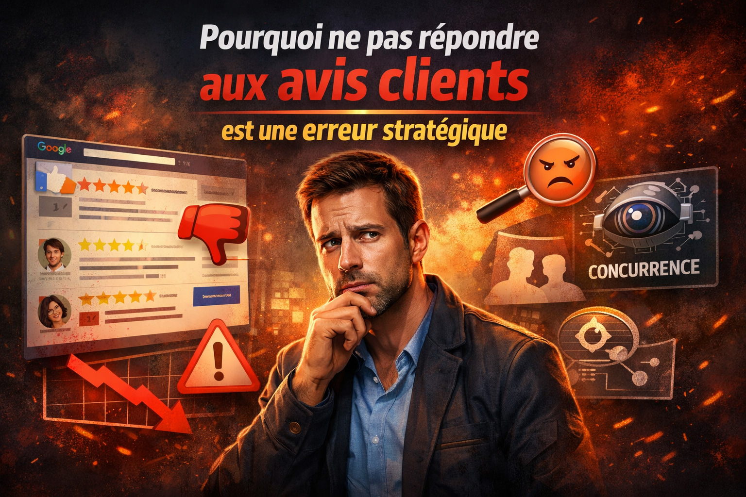 Chef d'entreprise inquiet face &agrave; des avis clients Google sans r&eacute;ponse et impact sur la r&eacute;putation en ligne