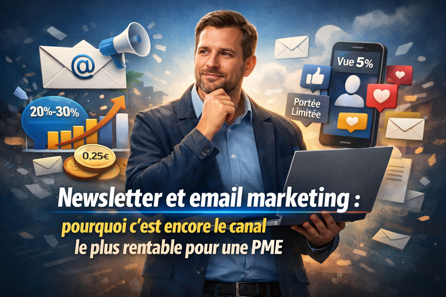 Dirigeant PME analysant la rentabilit&eacute; de l&rsquo;email marketing face aux r&eacute;seaux sociaux