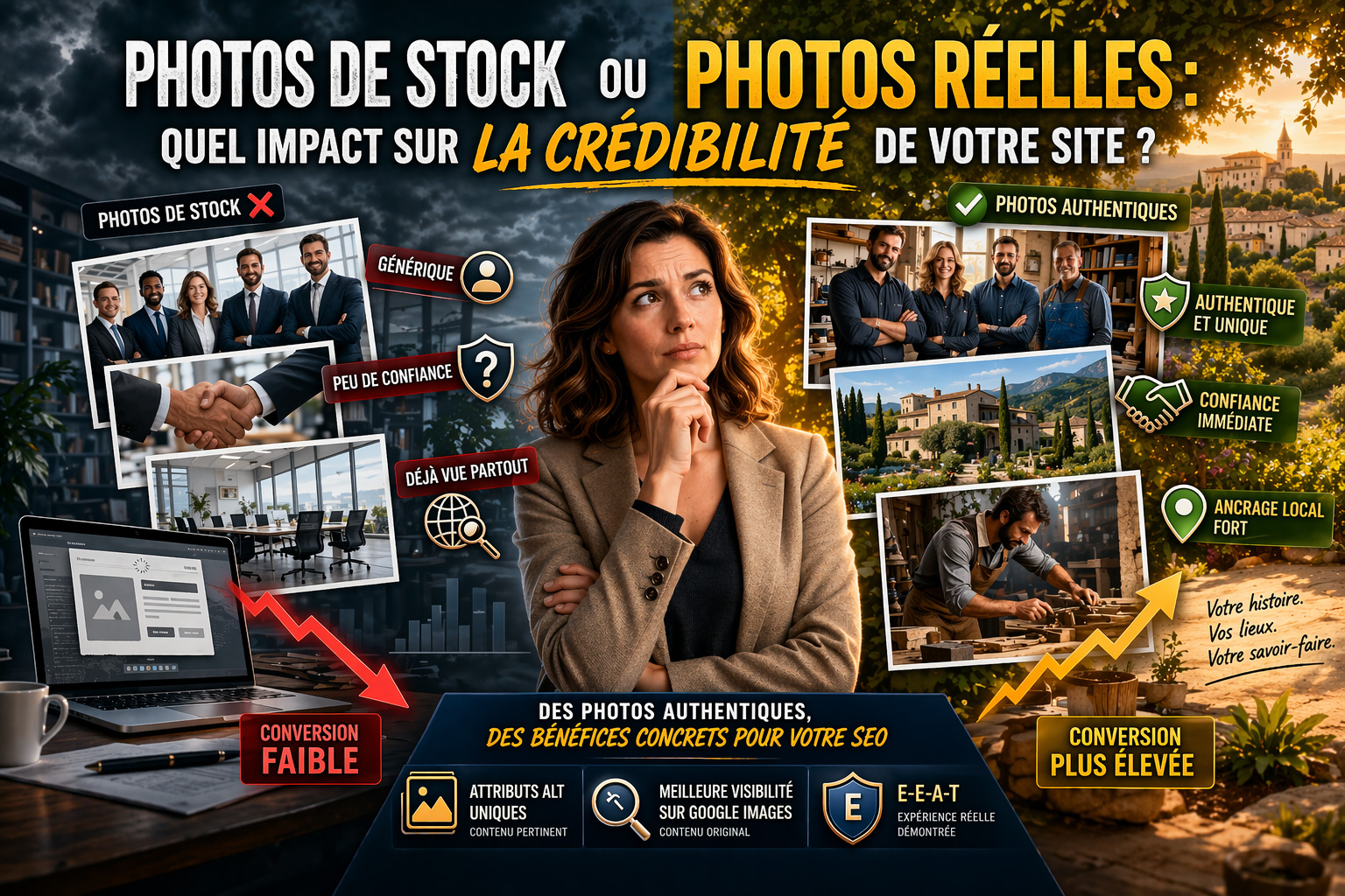 Comparaison entre photos de stock et photos authentiques sur un site internet avec impact sur la confiance des visiteurs