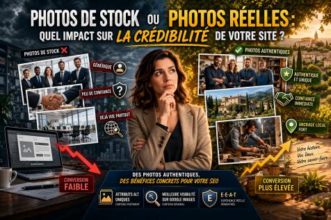 Comparaison entre photos de stock et photos authentiques sur un site internet avec impact sur la confiance des visiteurs