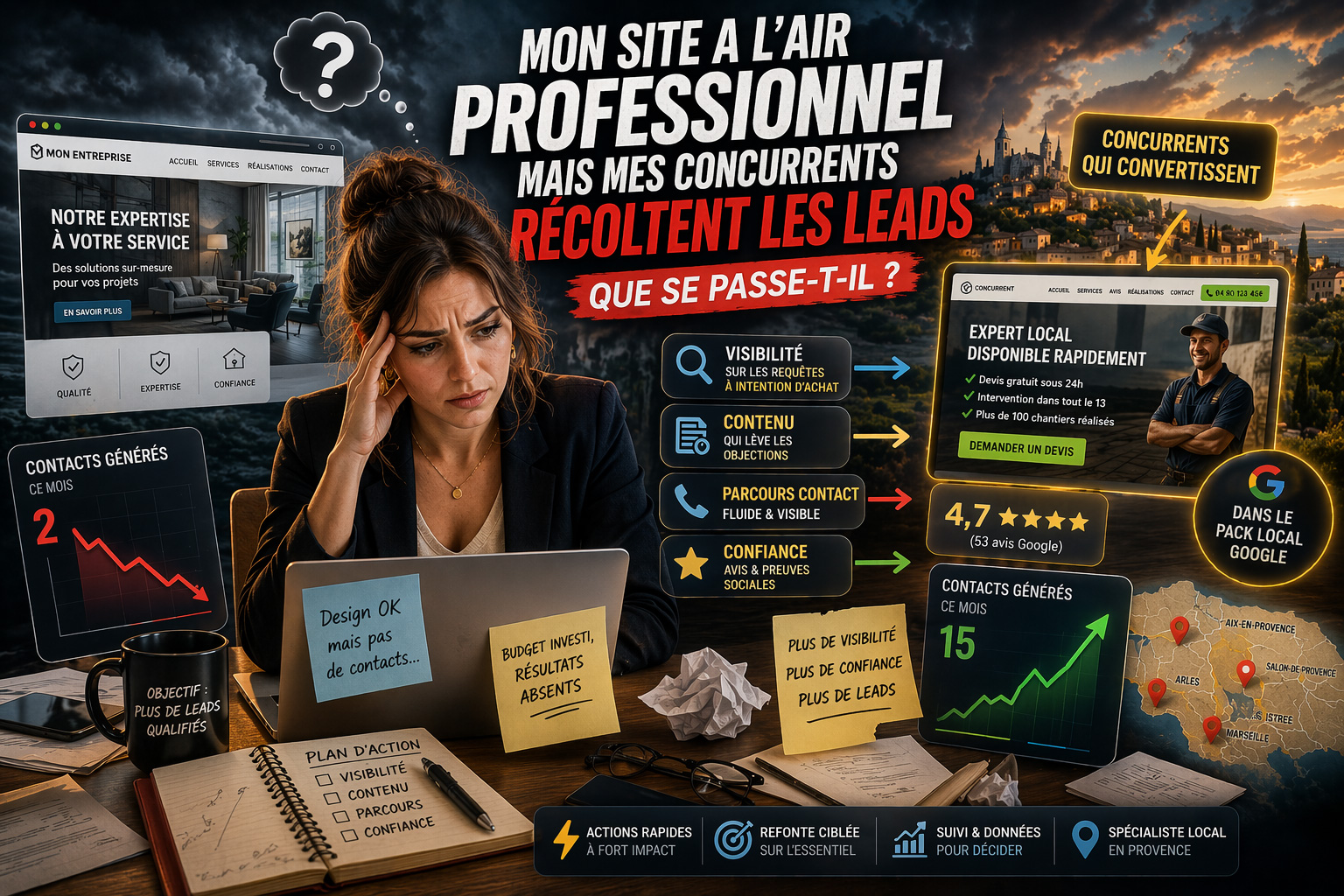 Femme chef d&rsquo;entreprise pr&eacute;occup&eacute;e par un site professionnel qui ne g&eacute;n&egrave;re pas de leads face &agrave; des concurrents plus performants