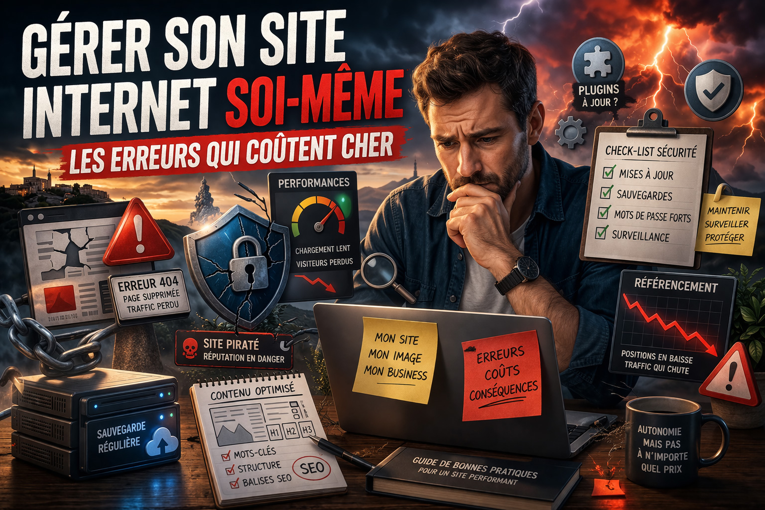 Dirigeant inquiet face aux erreurs SEO et techniques en gérant seul son site internet