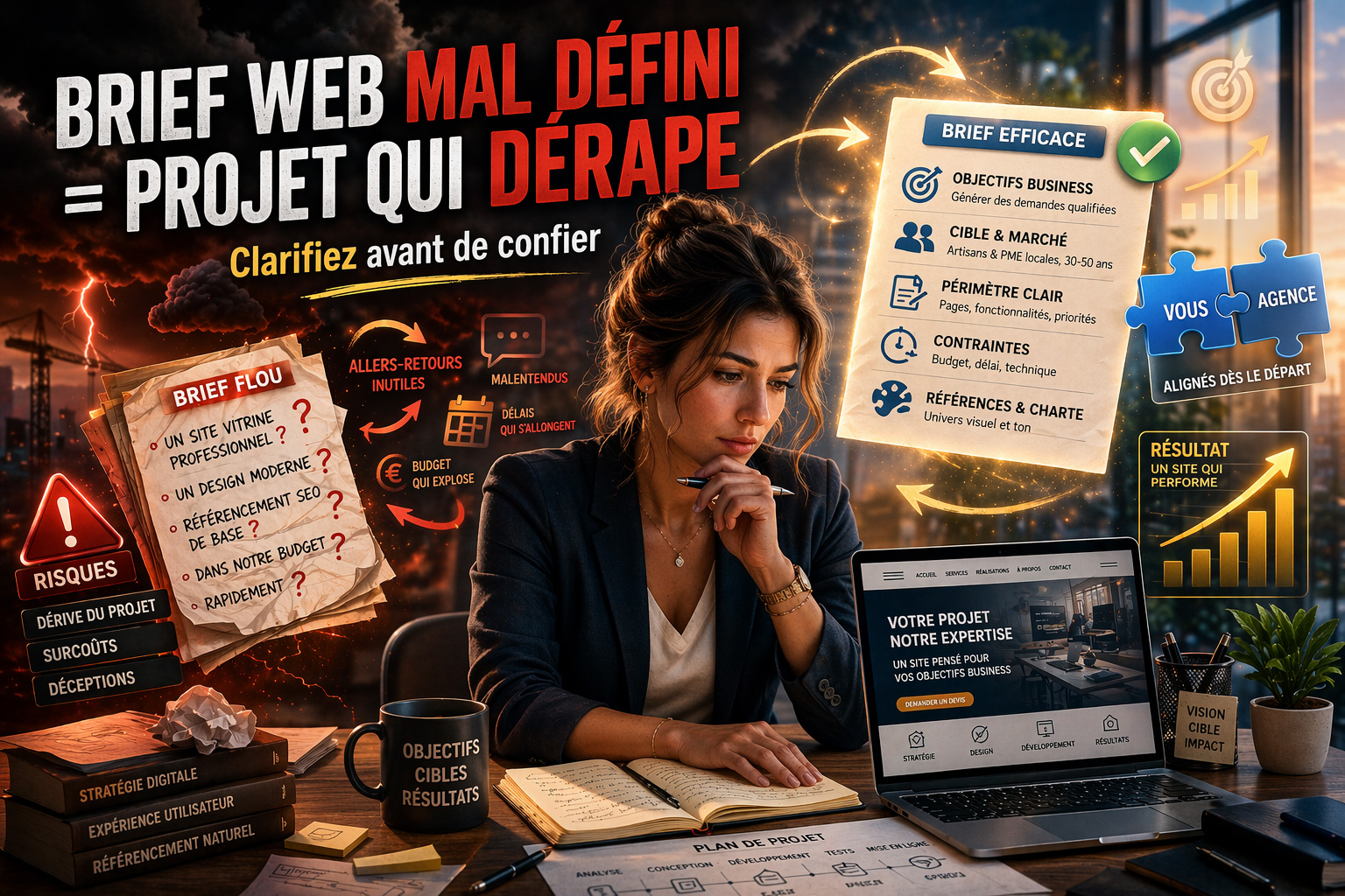 Femme chef d’entreprise rédigeant un brief web structuré pour réussir la création de son site internet avec une agence