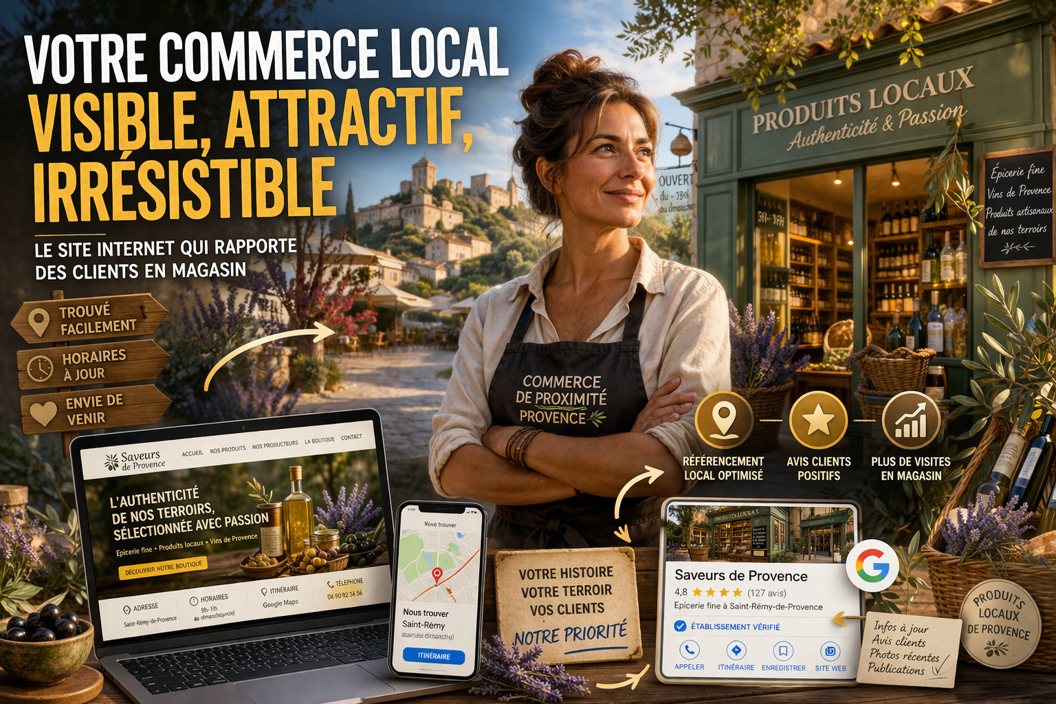 Commer&ccedil;ante en Provence devant sa boutique locale avec site internet et visibilit&eacute; Google pour attirer des clients en magasin