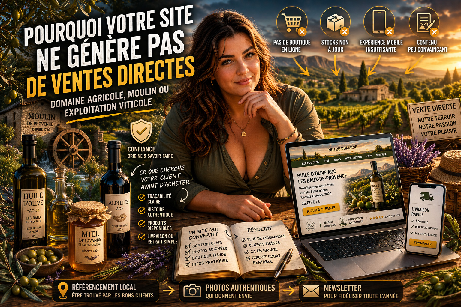 Femme dans un domaine agricole en Provence pr&eacute;sentant un site internet de vente directe d&rsquo;huile d&rsquo;olive, vin et miel avec strat&eacute;gie digitale