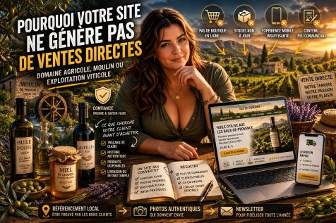 Femme dans un domaine agricole en Provence présentant un site internet de vente directe d’huile d’olive, vin et miel avec stratégie digitale