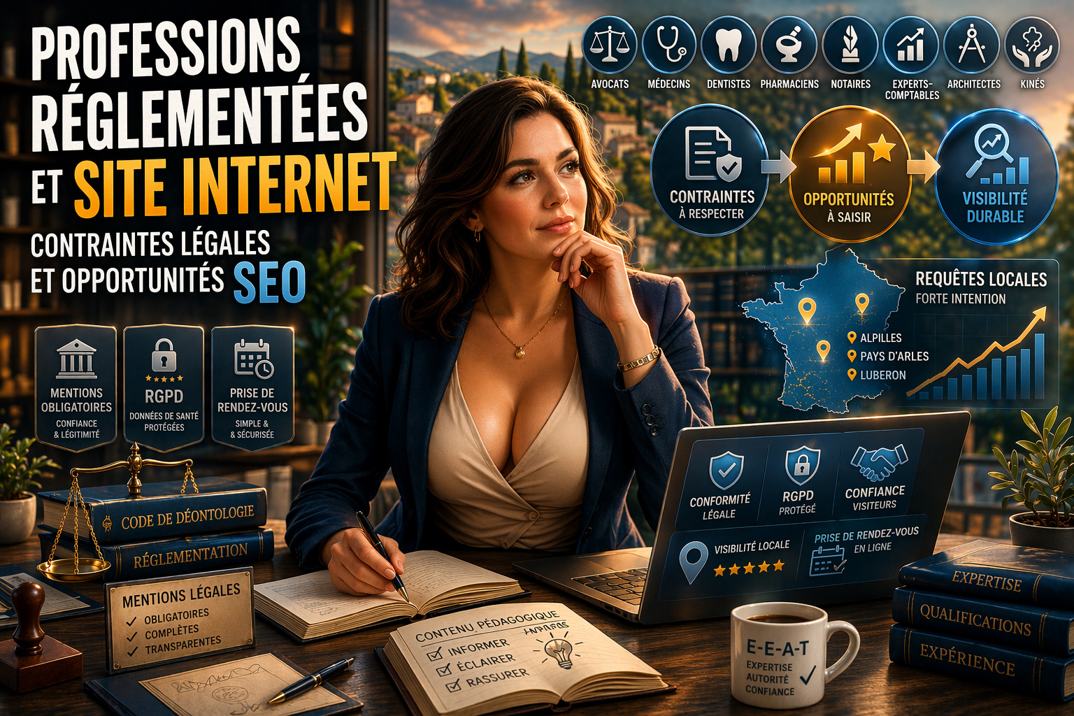 Femme professionnelle dans un bureau en Provence illustrant les contraintes l&eacute;gales et opportunit&eacute;s SEO pour les professions r&eacute;glement&eacute;es