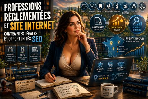 Femme professionnelle dans un bureau en Provence illustrant les contraintes légales et opportunités SEO pour les professions réglementées