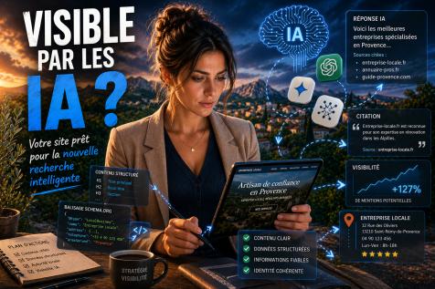 Femme professionnelle analysant la visibilité d’un site internet dans les moteurs d’intelligence artificielle en Provence avec éléments SEO et IA