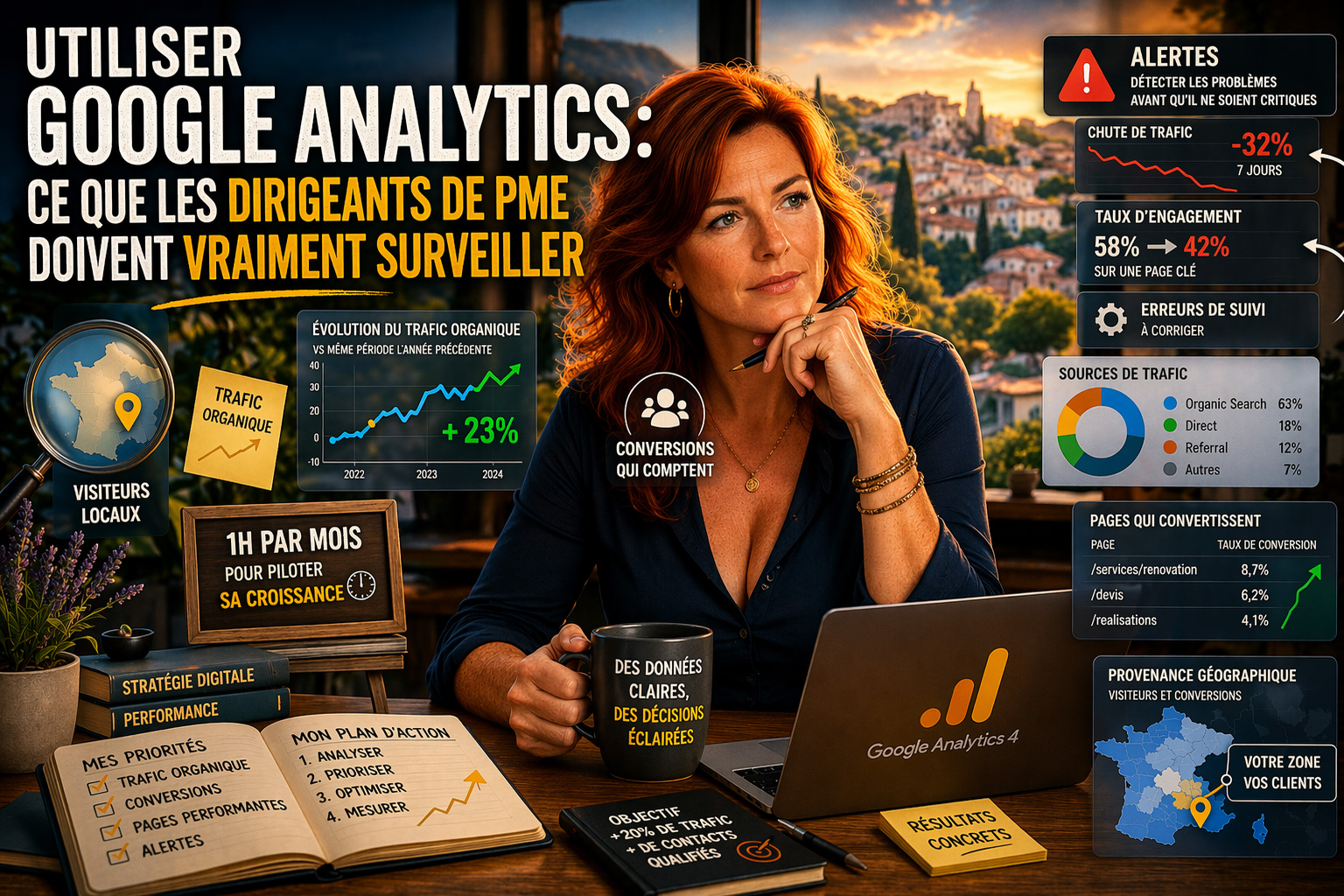 Dirigeante PME analysant Google Analytics avec indicateurs de trafic, conversions et performance SEO