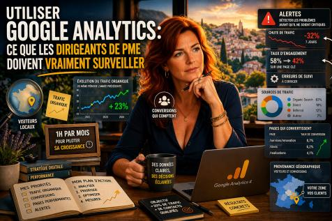 Dirigeante PME analysant Google Analytics avec indicateurs de trafic, conversions et performance SEO