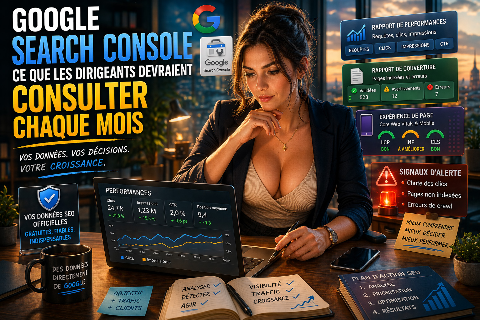 Femme dirigeante analysant les performances SEO sur Google Search Console avec graphiques et indicateurs