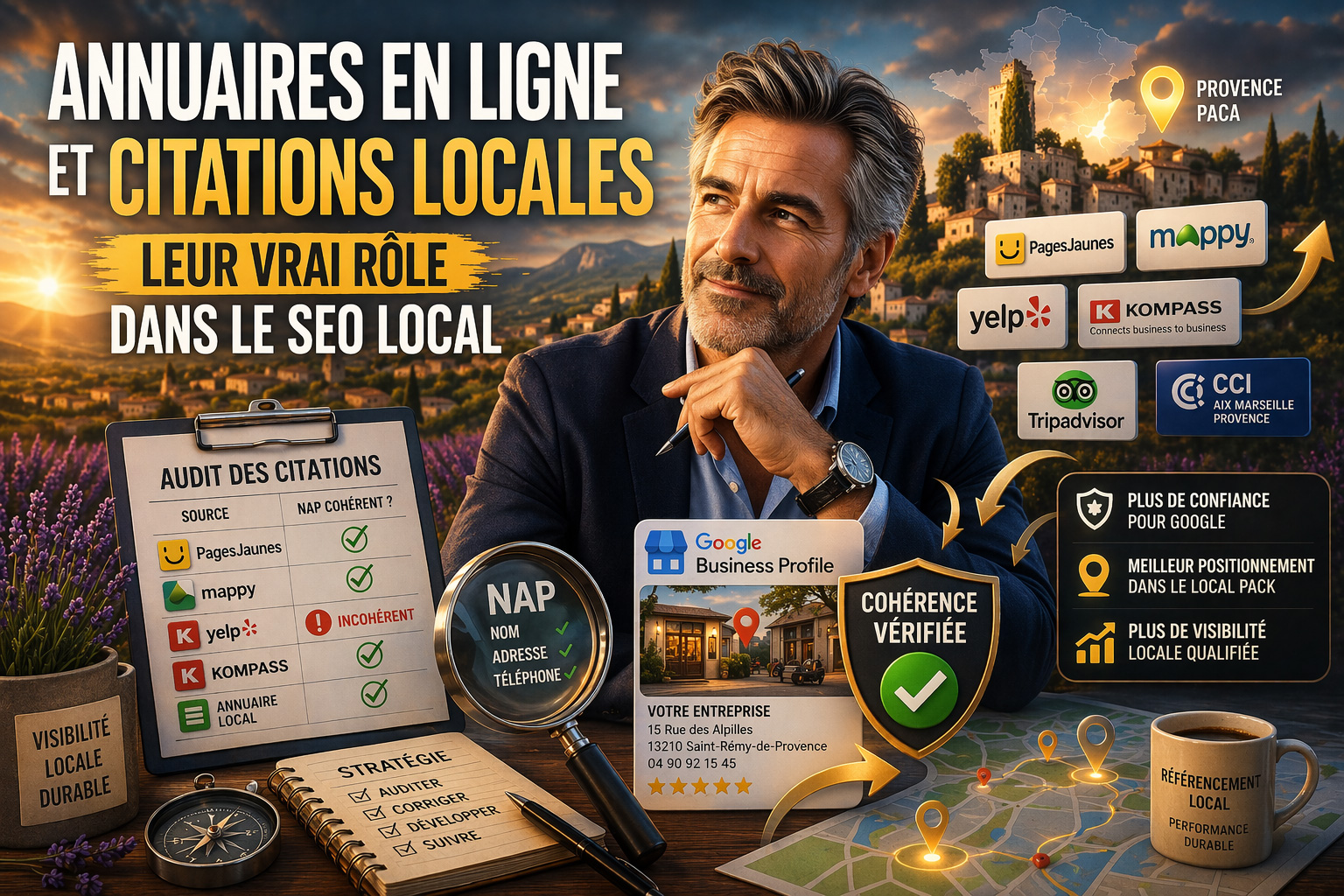 Homme dirigeant PME analysant les citations locales et annuaires en ligne pour am&eacute;liorer son r&eacute;f&eacute;rencement SEO local en Provence
