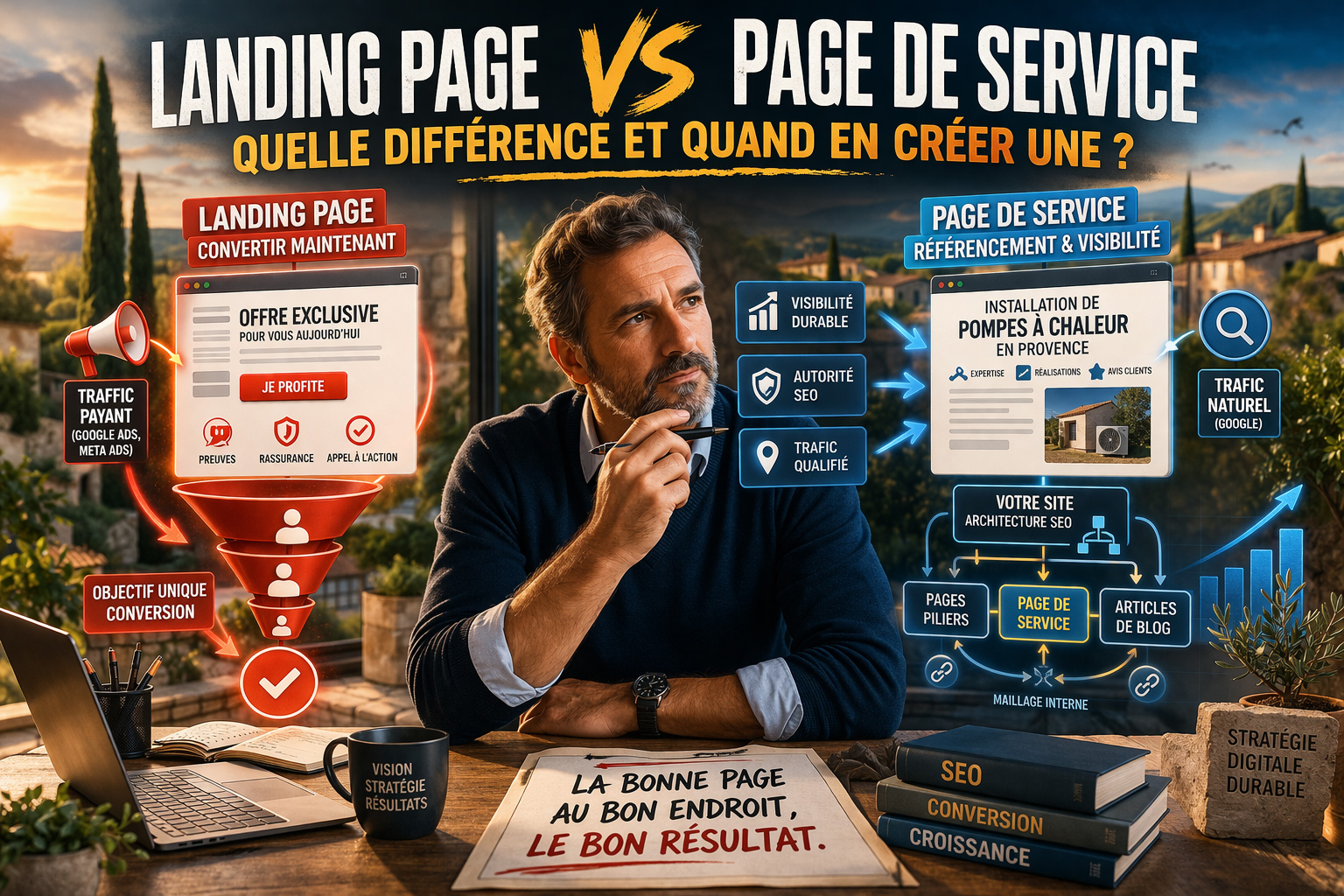 Illustration landing page vs page de service avec strat&eacute;gie SEO et tunnel de conversion pour PME