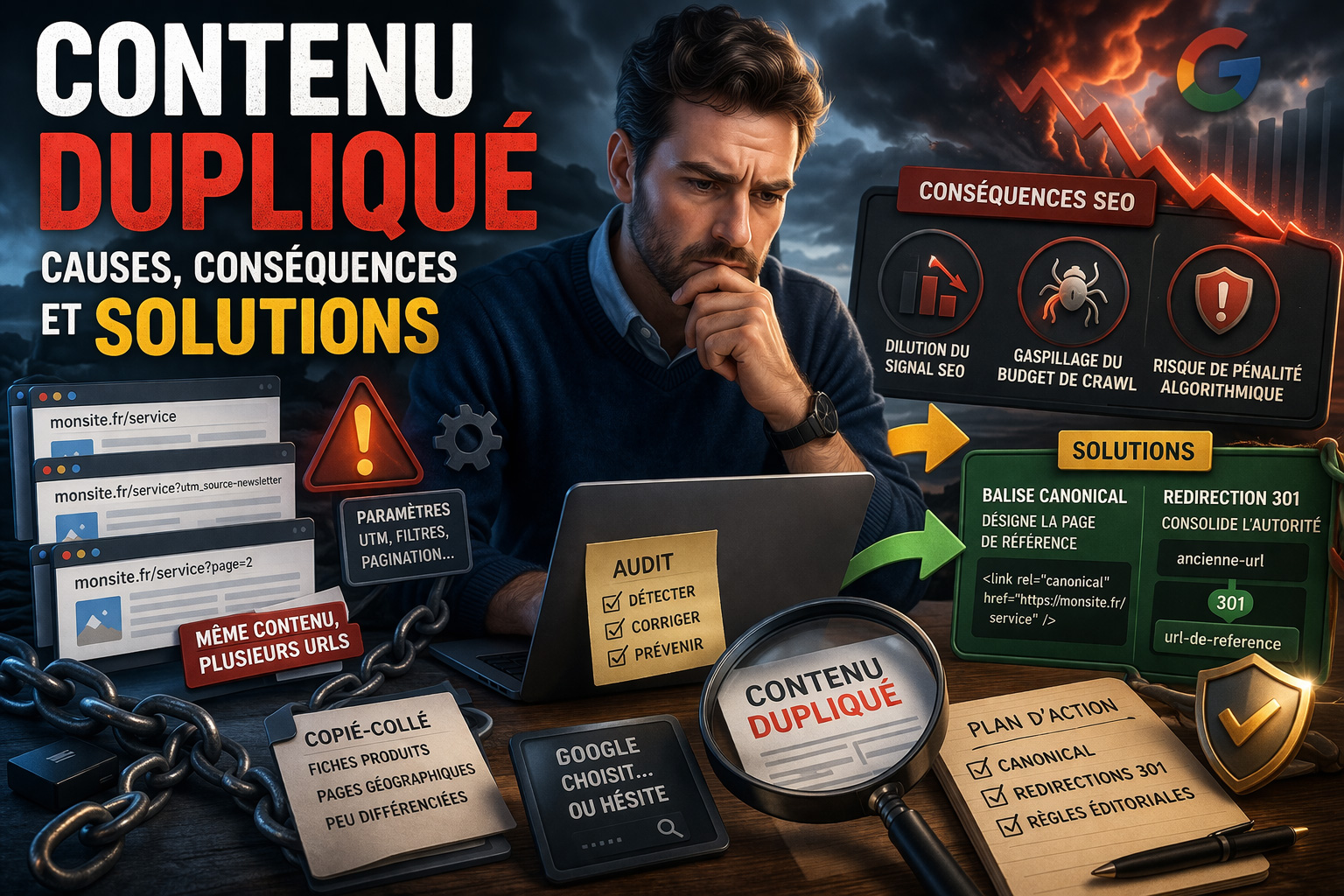 Illustration SEO montrant le probl&egrave;me de contenu dupliqu&eacute; sur un site web avec ses causes, cons&eacute;quences et solutions comme balise canonical et redirection 301