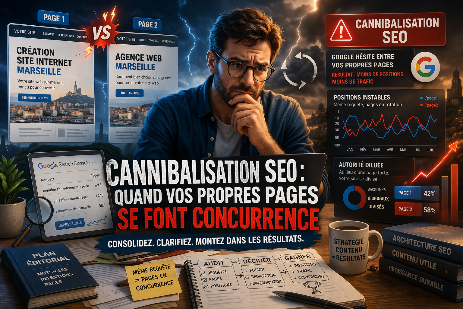 Illustration de la cannibalisation SEO avec plusieurs pages d&rsquo;un m&ecirc;me site en concurrence sur Google et perte de visibilit&eacute;