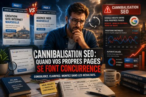 Illustration de la cannibalisation SEO avec plusieurs pages d’un même site en concurrence sur Google et perte de visibilité
