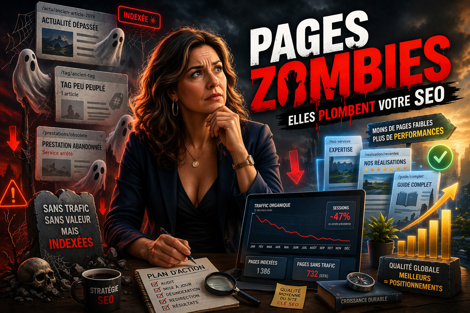 Femme analysant des pages zombies SEO avec baisse de trafic et strat&eacute;gie d&rsquo;optimisation