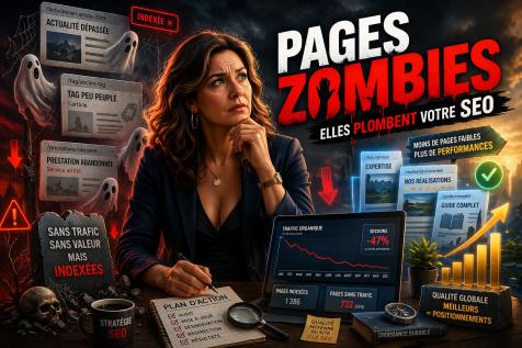 Femme analysant des pages zombies SEO avec baisse de trafic et stratégie d’optimisation
