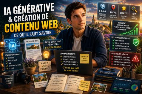 Illustration intelligence artificielle générative et création de contenu web SEO avec expert en Provence et éléments E-E-A-T