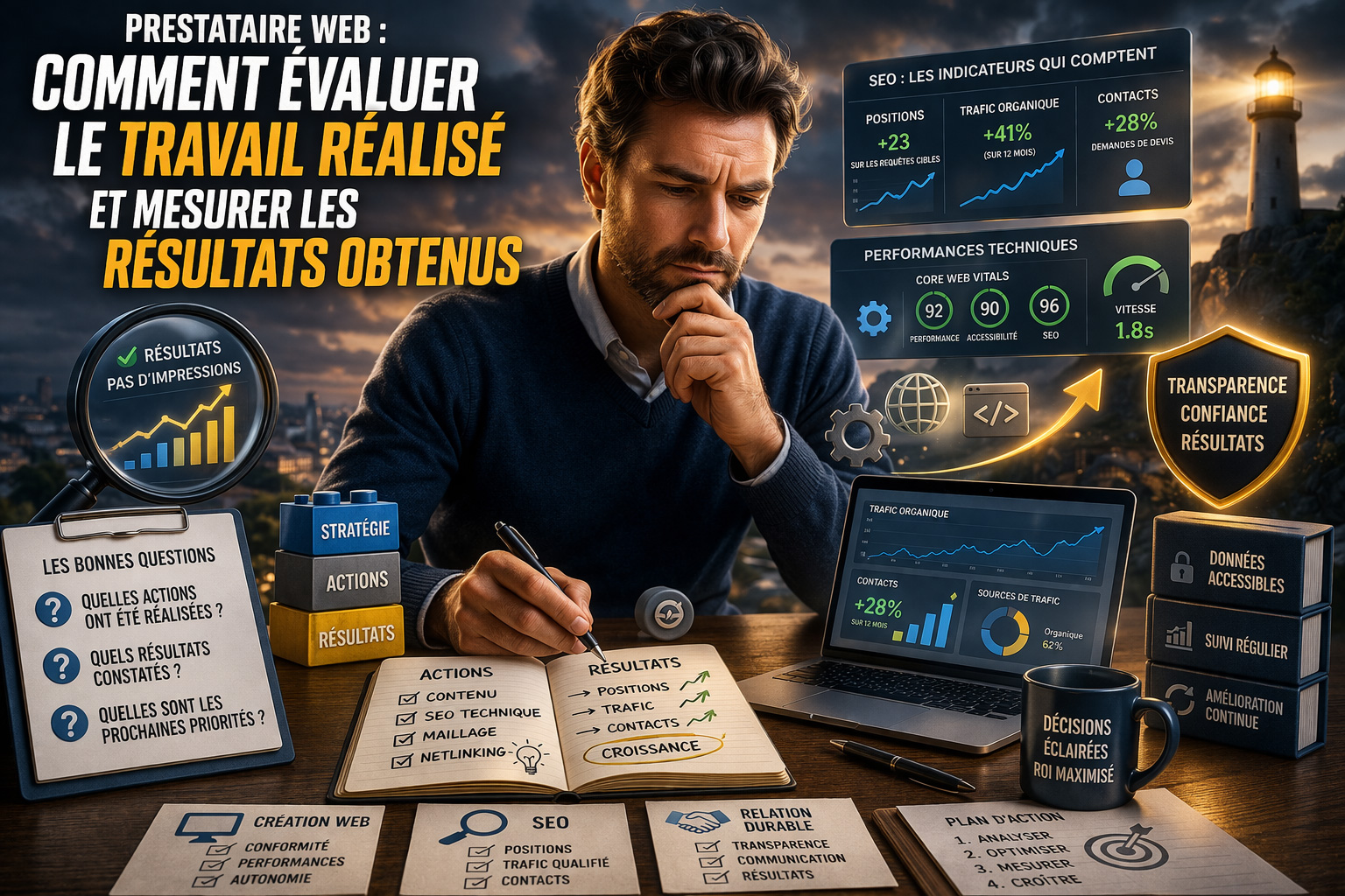 Homme analysant les performances SEO et les r&eacute;sultats d&rsquo;un prestataire web avec tableaux de bord et indicateurs de performance