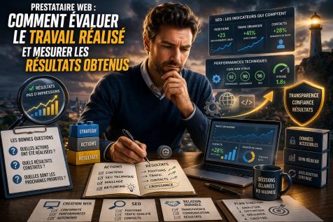 Homme analysant les performances SEO et les résultats d’un prestataire web avec tableaux de bord et indicateurs de performance