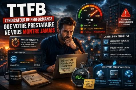 Illustration du TTFB montrant un dirigeant analysant la lenteur serveur et les causes d’un temps de réponse élevé