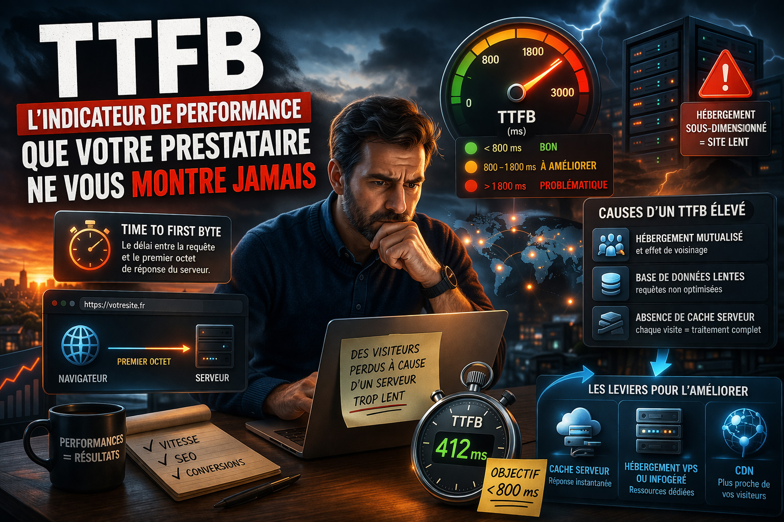 Illustration du TTFB montrant un dirigeant analysant la lenteur serveur et les causes d&rsquo;un temps de r&eacute;ponse &eacute;lev&eacute;
