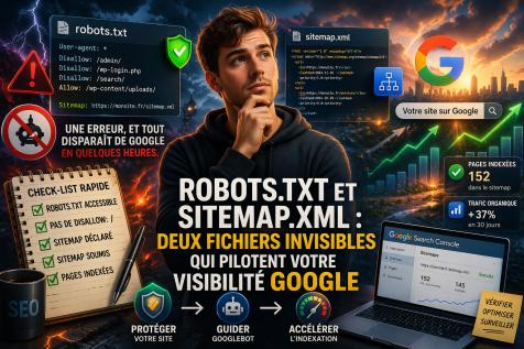Illustration SEO montrant un jeune homme analysant les fichiers robots.txt et sitemap.xml pour optimiser la visibilité d’un site sur Google