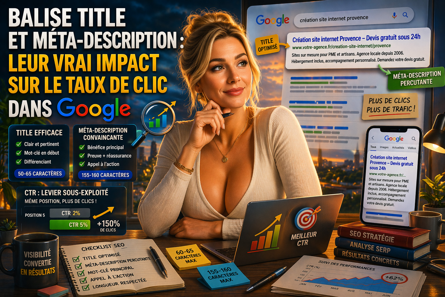 Optimisation des balises title et m&eacute;ta-description pour am&eacute;liorer le taux de clic dans Google avec analyse SEO visuelle