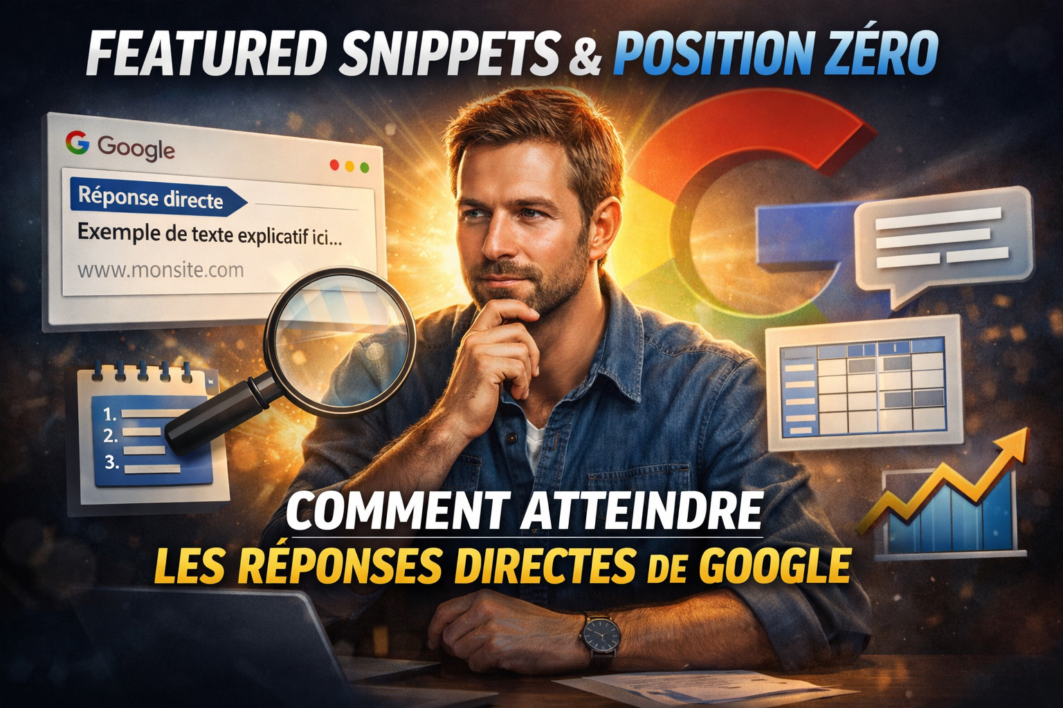 Illustration featured snippet Google position z&eacute;ro avec expert SEO analysant les r&eacute;ponses directes et optimisation du contenu pour PME