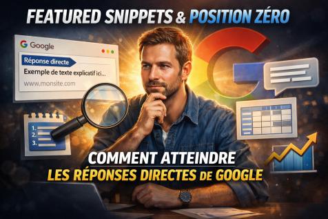 Illustration featured snippet Google position zéro avec expert SEO analysant les réponses directes et optimisation du contenu pour PME