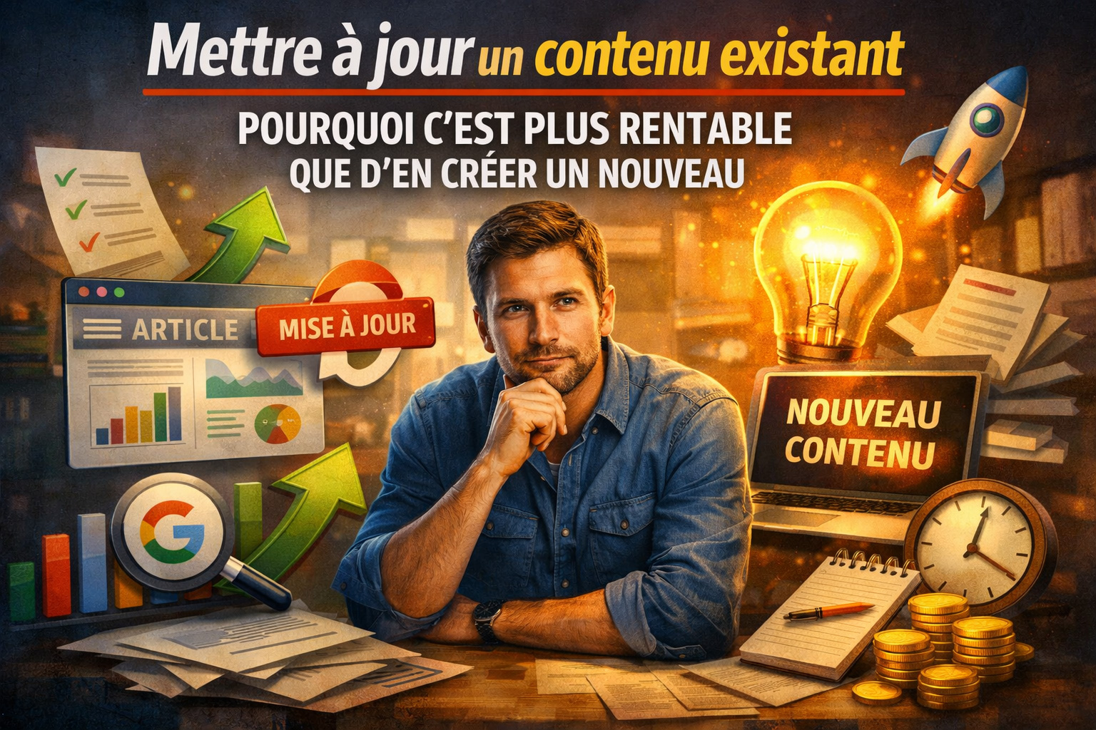 Homme analysant la mise &agrave; jour d&rsquo;un contenu SEO avec graphiques et strat&eacute;gie de r&eacute;f&eacute;rencement