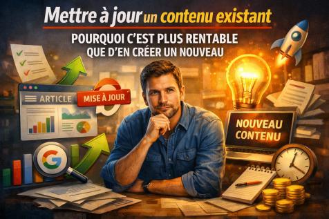 Homme analysant la mise à jour d’un contenu SEO avec graphiques et stratégie de référencement