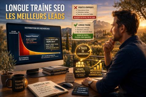 Illustration SEO longue traîne avec analyse de requêtes spécifiques générant des leads qualifiés en Provence