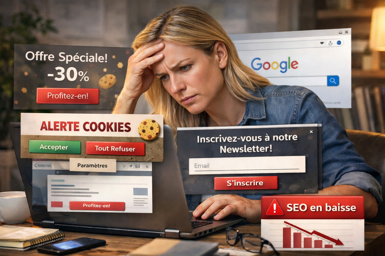 Femme frustr&eacute;e face &agrave; des pop-up et bandeaux cookies RGPD intrusifs sur un site web affectant l'exp&eacute;rience utilisateur et le SEO