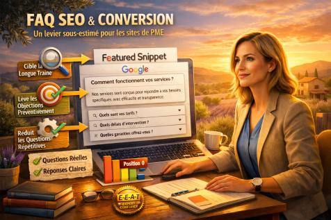 FAQ SEO pour site PME : femme professionnelle analysant des questions clients sur ordinateur avec affichage featured snippet Google