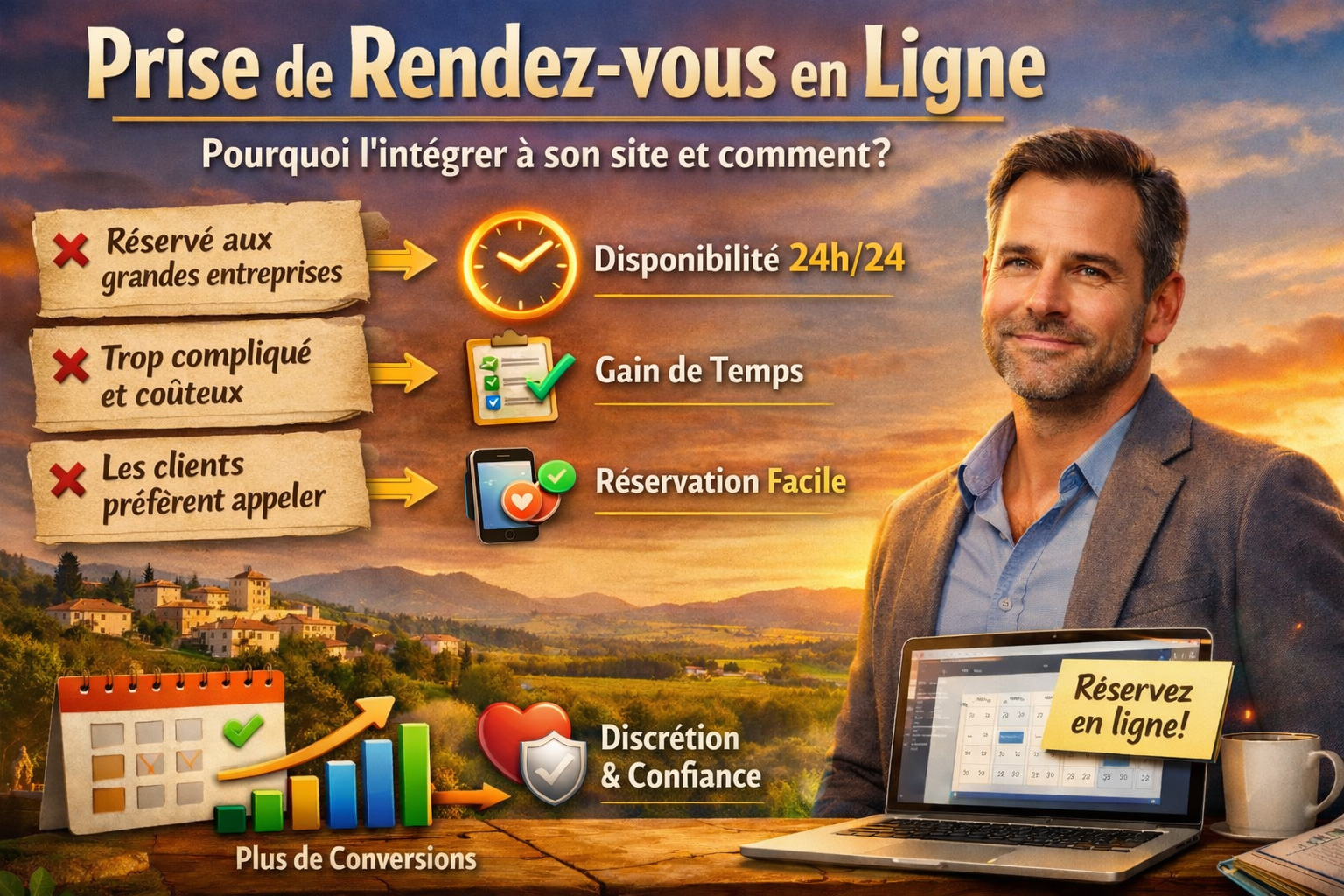 Prise de rendez-vous en ligne sur site internet professionnel en Provence avec b&eacute;n&eacute;fices conversion clients et disponibilit&eacute; 24h/24