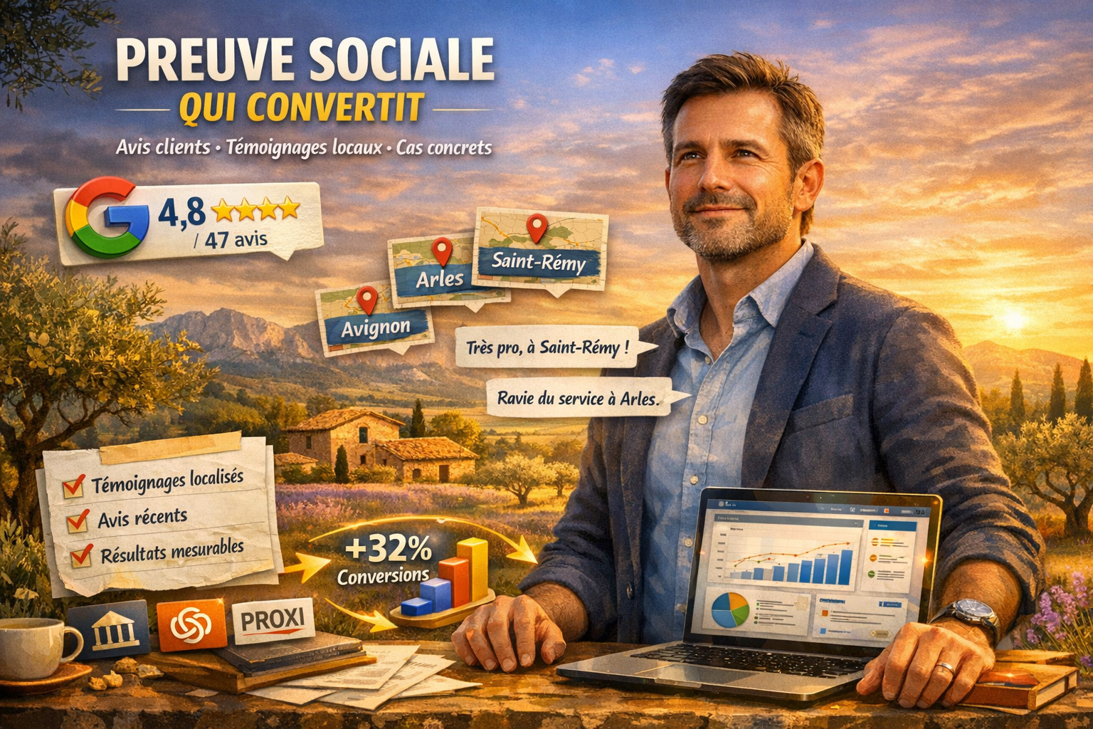 Preuve sociale sur un site internet avec t&eacute;moignages clients locaux, avis Google et &eacute;l&eacute;ments de conversion pour rassurer les prospects