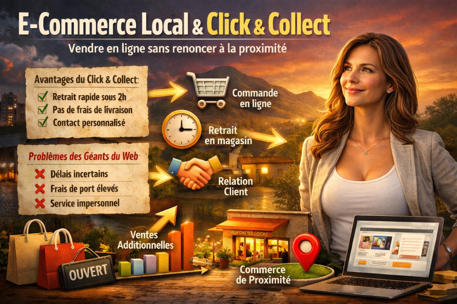 E-commerce local et click and collect en Provence avec commerçante utilisant une boutique en ligne et retrait en magasin