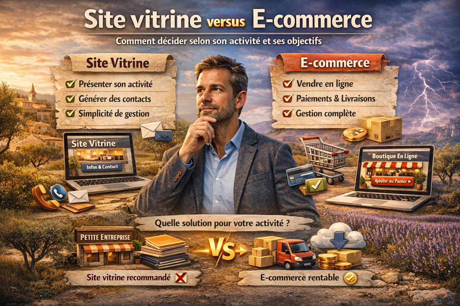 Comparatif photo réaliste entre site vitrine et e-commerce avec analyse des avantages selon activité et objectifs