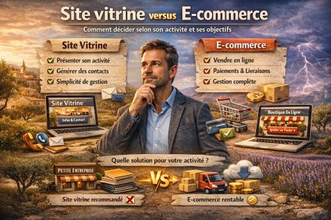 Comparatif photo réaliste entre site vitrine et e-commerce avec analyse des avantages selon activité et objectifs