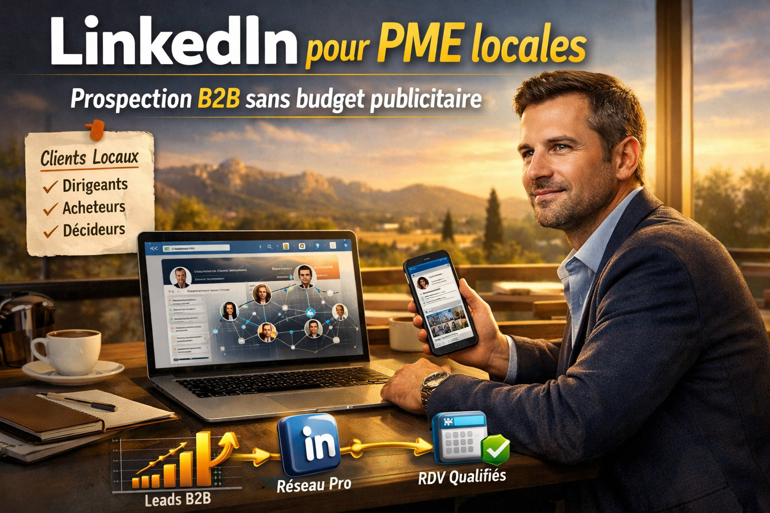 Dirigeant de PME en Provence utilisant LinkedIn pour g&eacute;n&eacute;rer des contacts B2B sans budget publicitaire