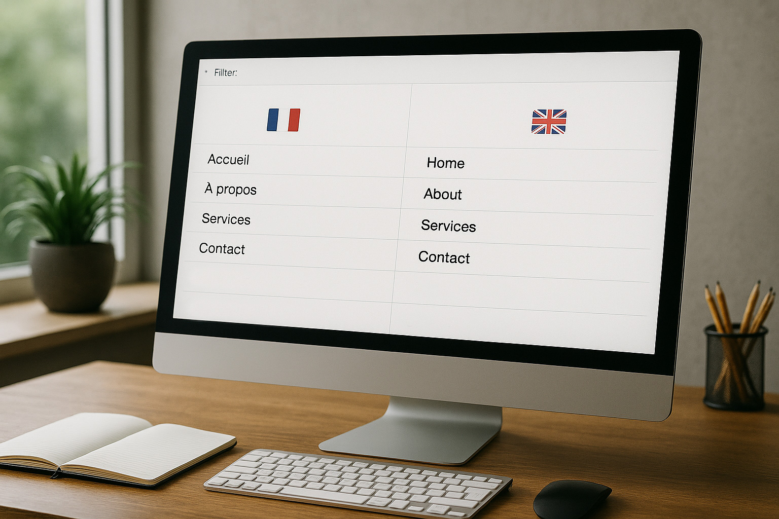 Écran d’ordinateur affichant une interface multilingue avec des colonnes en français et en anglais, montrant les menus du site dans les deux langues, sur un bureau moderne éclairé naturellement.