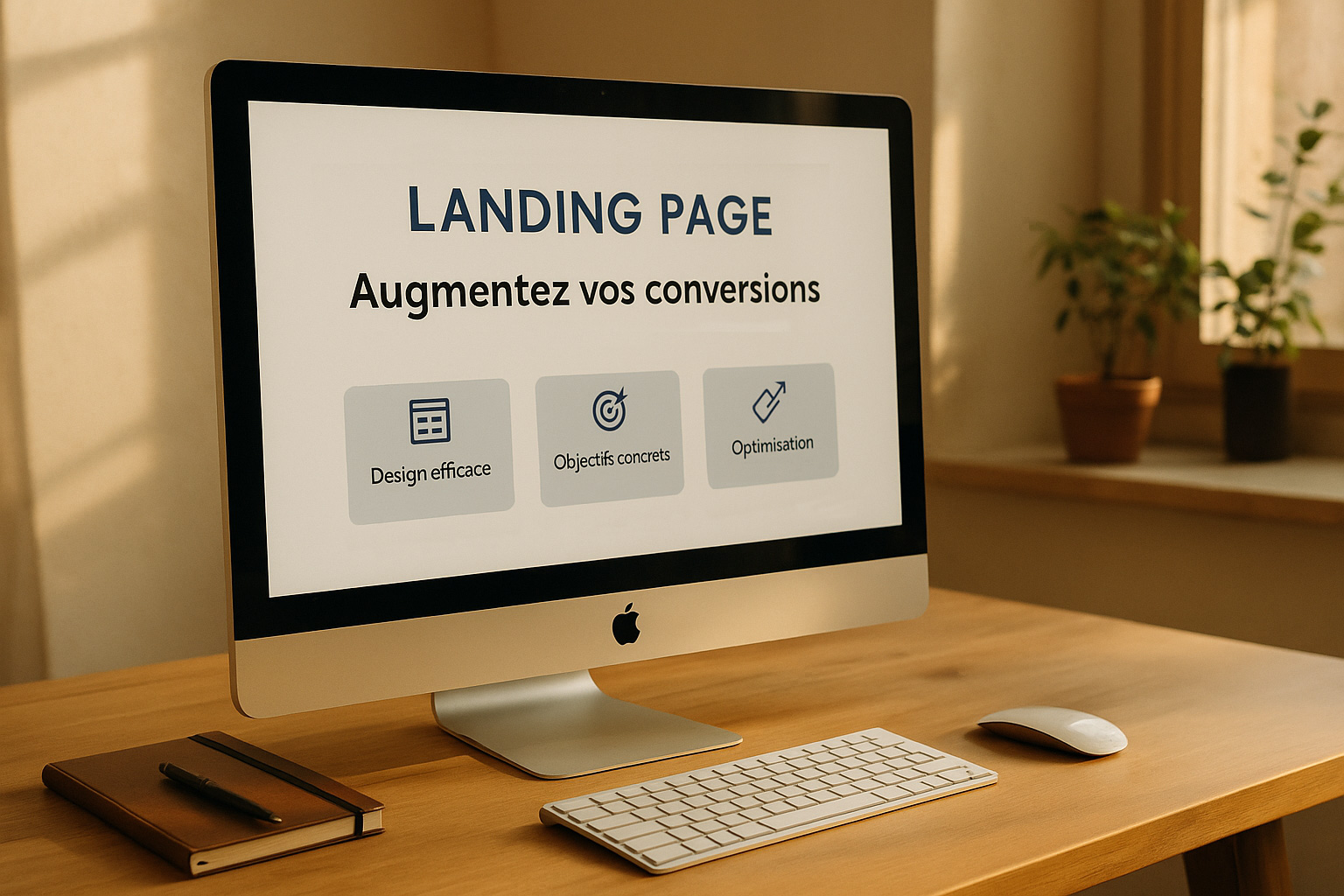 Bureau moderne avec écran affichant une landing page professionnelle en français, illustrant la création de pages de conversion par l’Agence EASY.